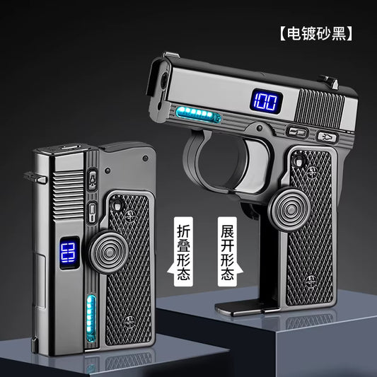 Color Light Gyro Folding Gun Type Windproof Red Fire Butane Gas Lighter Digital Battery Display Laser Light USB Electric Lighter