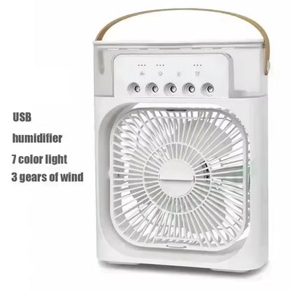 Portable Humidifier Fan Three in One, Mini USB Air Conditioning Fan, LED Night Light, Water Mist, Home Fun Air Cooler Humidifier