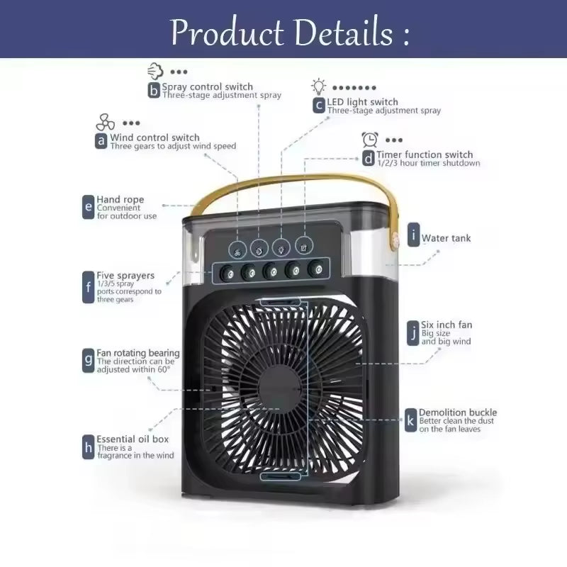 Portable Humidifier Fan Three in One, Mini USB Air Conditioning Fan, LED Night Light, Water Mist, Home Fun Air Cooler Humidifier