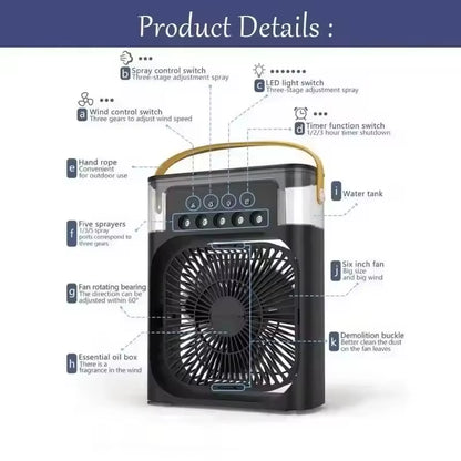 Portable Humidifier Fan Three in One, Mini USB Air Conditioning Fan, LED Night Light, Water Mist, Home Fun Air Cooler Humidifier