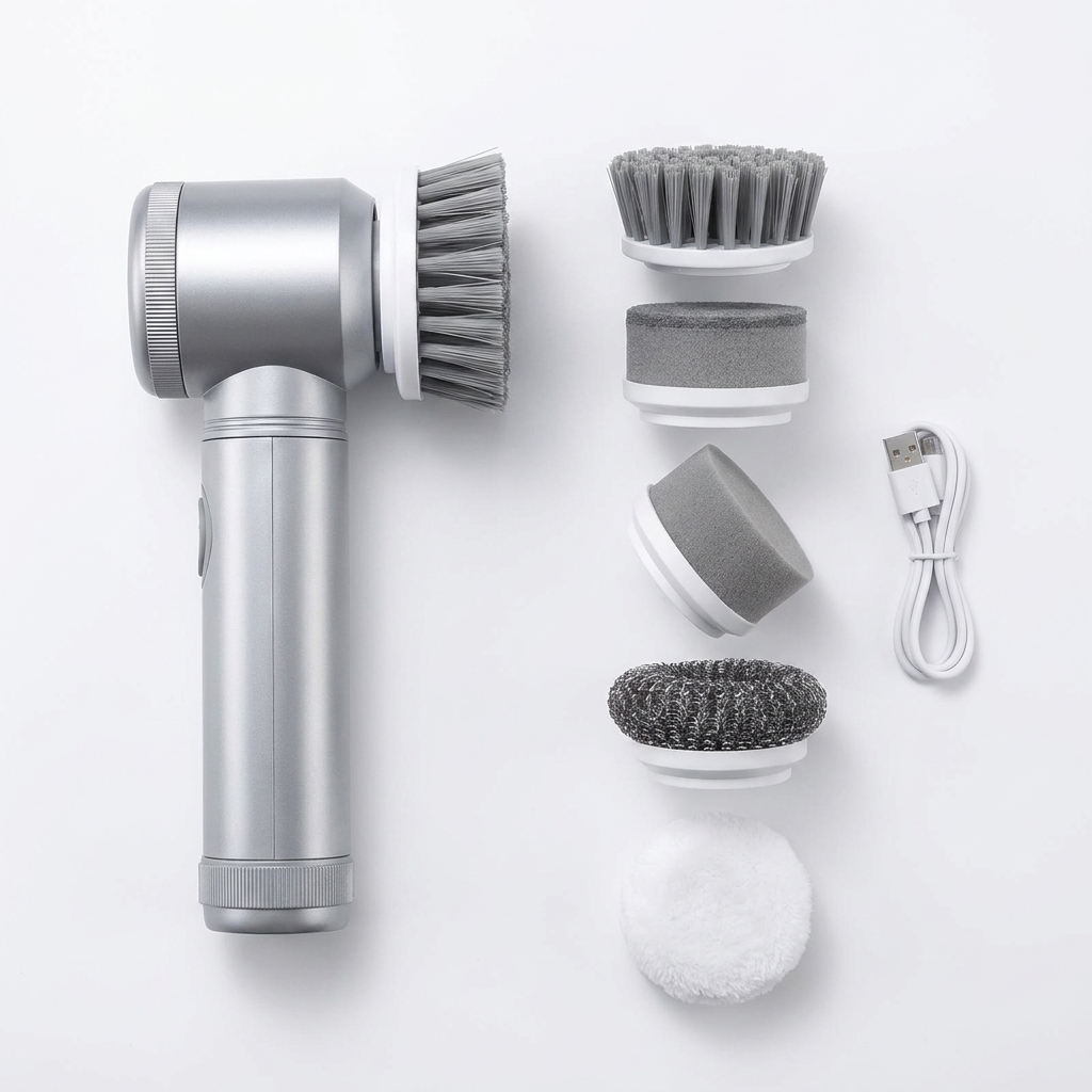 Cordless electric spin scrubber with brush heads